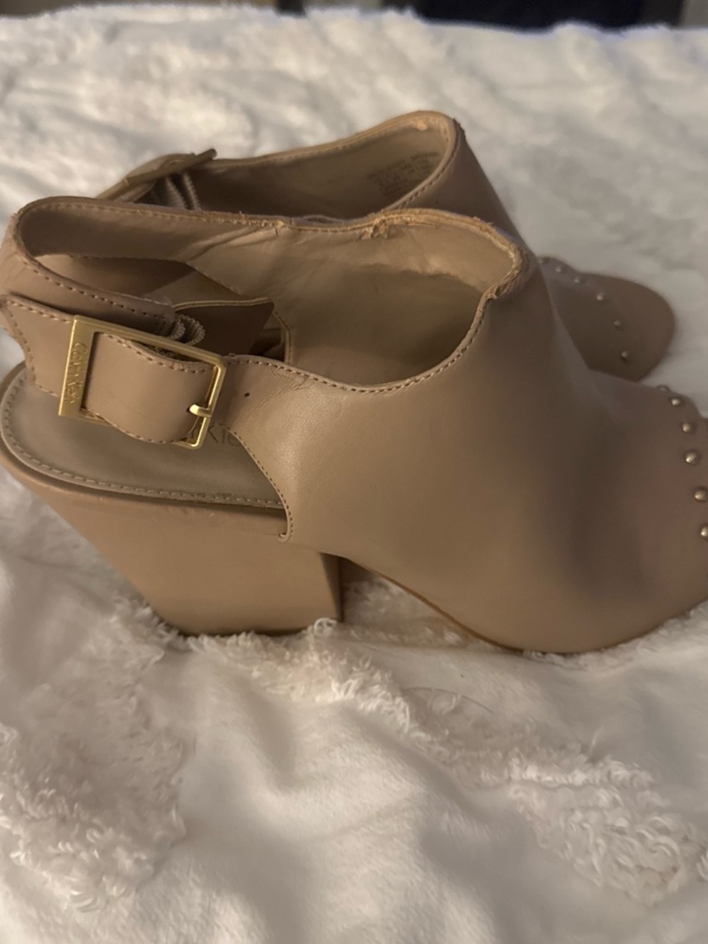 Calvin Klein Nude Tan Open-Back Block Heel Mules with Gold Buckle